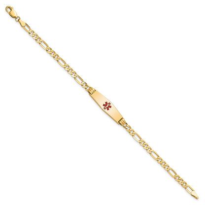 14K Yellow Gold Medical Solid Chain/Solid Plate 24X7mm Soft Diamond Shape Centered Red Enamel Figaro Link 8 Inch Id Bracelet