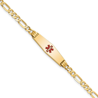 14K Yellow Gold Medical Solid Chain/Solid Plate 24X7mm Soft Diamond Shape Centered Red Enamel Figaro Link 8 Inch Id Bracelet