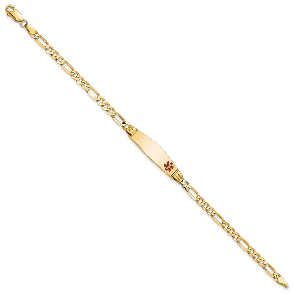 14K Yellow Gold Medical Solid Chain/Solid Plate 26X7mm Soft Diamond Shape Off Center Red Enamel Figaro Link 8 Inch Id Bracelet