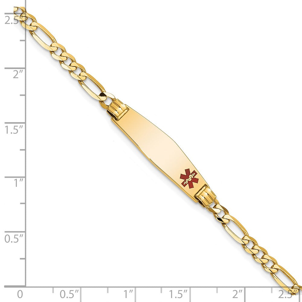 14K Yellow Gold Medical Solid Chain/Solid Plate 26X7mm Soft Diamond Shape Off Center Red Enamel Figaro Link 8 Inch Id Bracelet