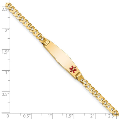 14K Yellow Gold Medical Solid Chain/Solid Plate 26X7mm Soft Diamond Shape Off Center Red Enamel Curb Link 7 Inch Id Bracelet