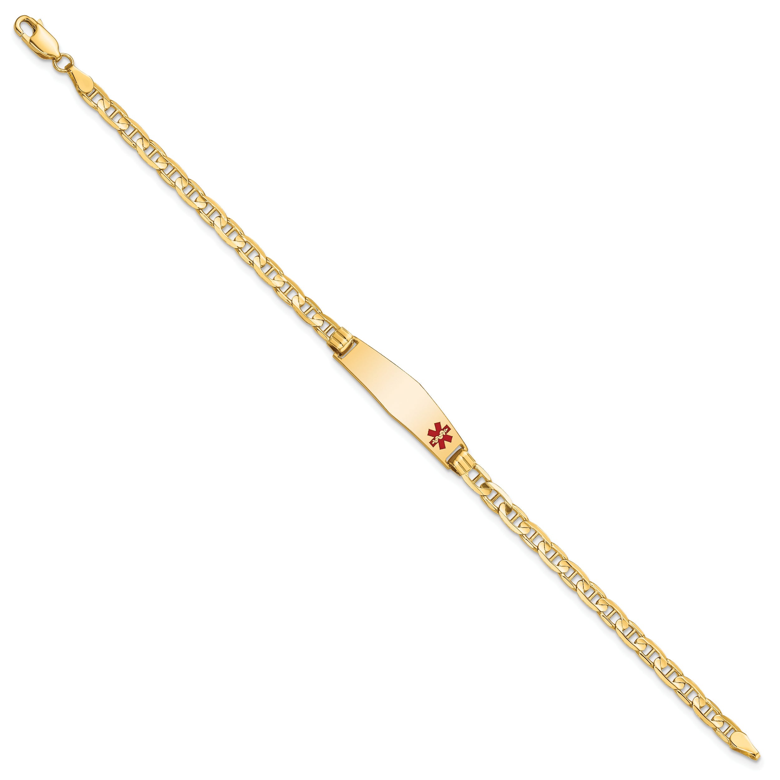 14K Yellow Gold Medical Solid Chain/Solid Plate 26X7mm Soft Diamond Shape Off Center Red Enamel Anchor Link 8 Inch Id Bracelet
