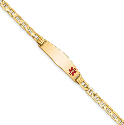 14K Yellow Gold Medical Solid Chain/Solid Plate 26X7mm Soft Diamond Shape Off Center Red Enamel Anchor Link 8 Inch Id Bracelet