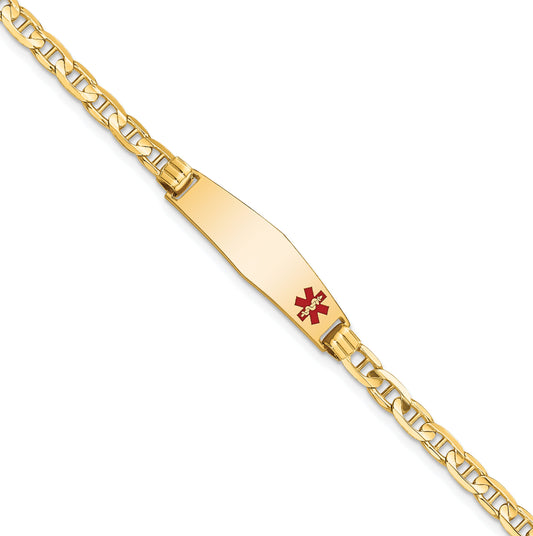 14K Yellow Gold Medical Solid Chain/Solid Plate 26X7mm Soft Diamond Shape Off Center Red Enamel Anchor Link 8 Inch Id Bracelet