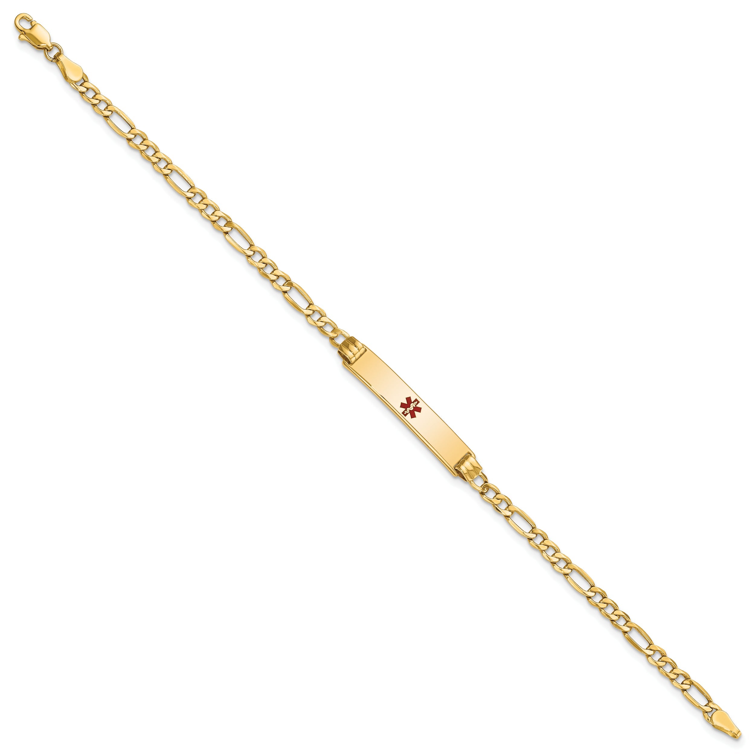 14K Yellow Gold Medical Semi Solid Chain/Solid Plate 26X5mm Centered Red Enamel Figaro Link 8 Inch Id Bracelet