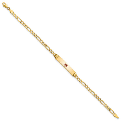 14K Yellow Gold Medical Semi Solid Chain/Solid Plate 26X5mm Centered Red Enamel Figaro Link 8 Inch Id Bracelet