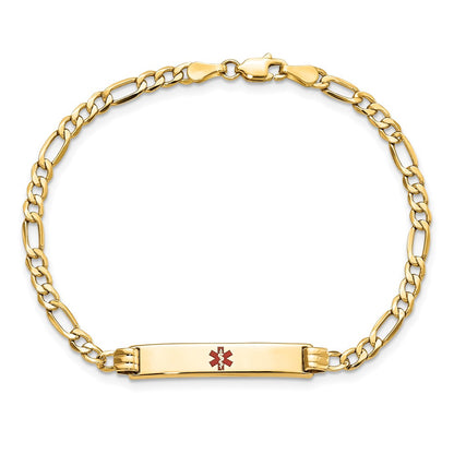 14K Yellow Gold Medical Semi Solid Chain/Solid Plate 26X5mm Centered Red Enamel Figaro Link 8 Inch Id Bracelet