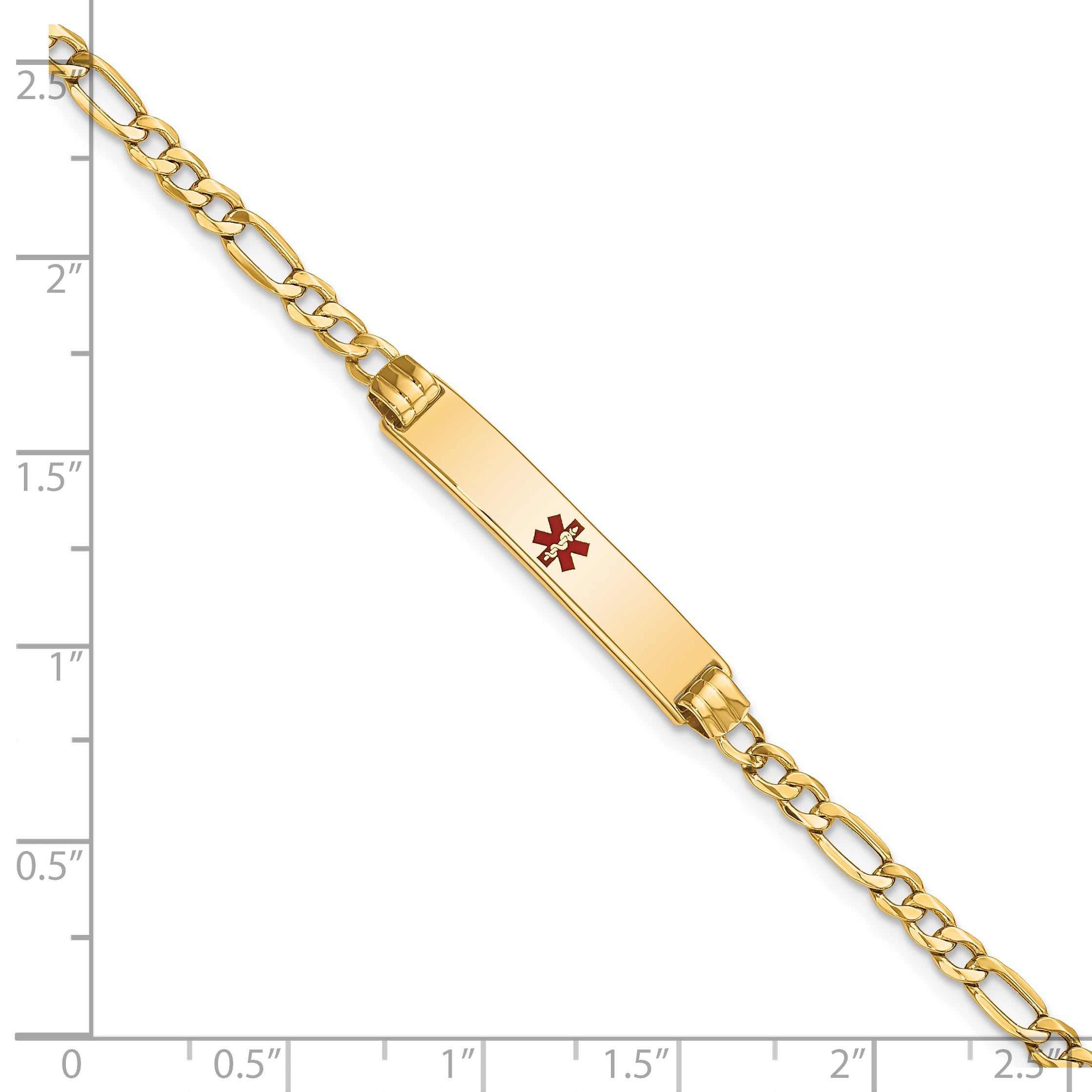 14K Yellow Gold Medical Semi Solid Chain/Solid Plate 26X5mm Centered Red Enamel Figaro Link 7 Inch Id Bracelet