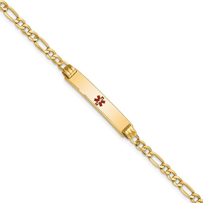 14K Yellow Gold Medical Semi Solid Chain/Solid Plate 26X5mm Centered Red Enamel Figaro Link 8 Inch Id Bracelet
