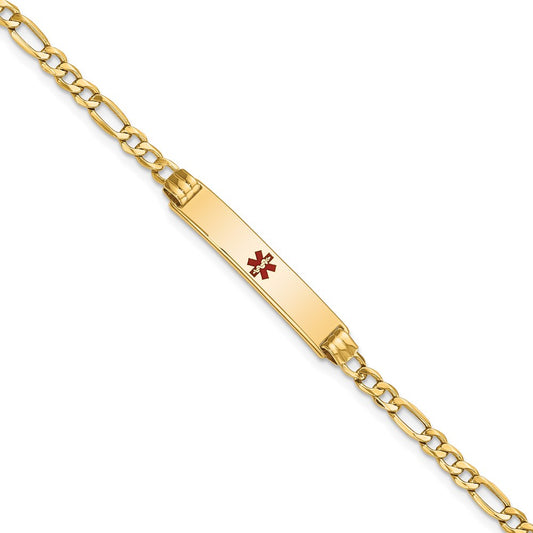 14K Yellow Gold Medical Semi Solid Chain/Solid Plate 26X5mm Centered Red Enamel Figaro Link 8 Inch Id Bracelet