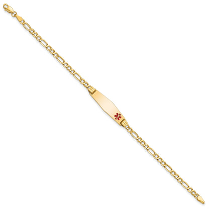 14K Yellow Gold Medical Semi Solid Chain/Solid Plate 26X7mm Soft Diamond Shape Off Center Red Enamel Figaro Link 8 Inch Id Bracelet