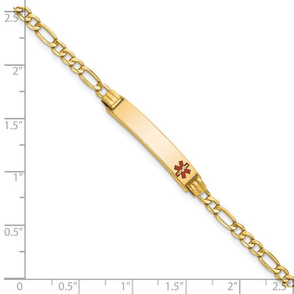 14K Yellow Gold Medical Semi Solid Chain/Solid Plate 26X5mm Off Center Red Enamel Figaro Link 8 Inch Id Bracelet
