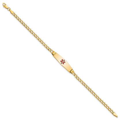 14K Yellow Gold Medical Semi Solid Chain/Solid Plate 26X7mm Soft Diamond Shape Centered Red Enamel Cuban Link 8 Inch Id Bracelet
