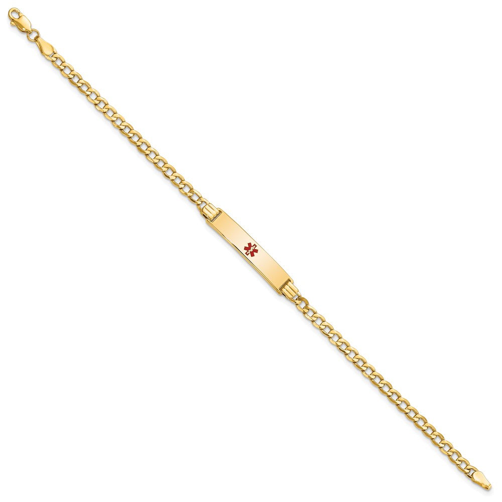 14K Yellow Gold Medical Semi Solid Chain/Solid Plate 26X5mm Centered Red Enamel Cuban Link 7 Inch Id Bracelet