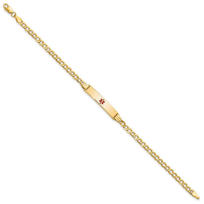 14K Yellow Gold Medical Semi Solid Chain/Solid Plate 26X5mm Centered Red Enamel Cuban Link 7 Inch Id Bracelet