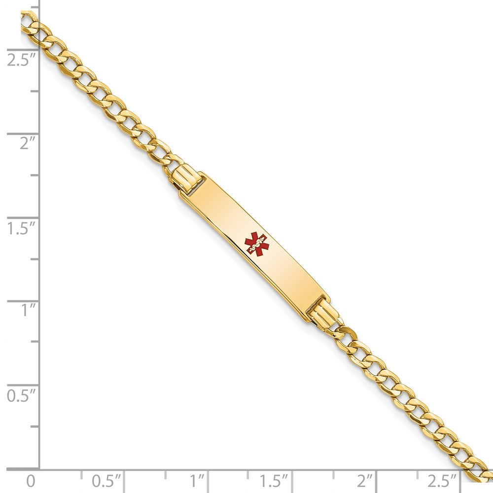 14K Yellow Gold Medical Semi Solid Chain/Solid Plate 26X5mm Centered Red Enamel Cuban Link 7 Inch Id Bracelet