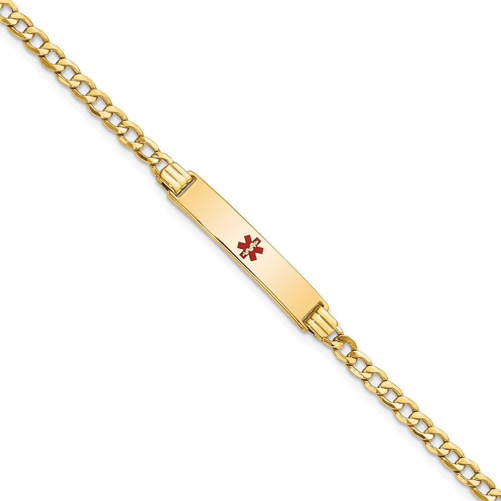 14K Yellow Gold Medical Semi Solid Chain/Solid Plate 26X5mm Centered Red Enamel Cuban Link 7 Inch Id Bracelet