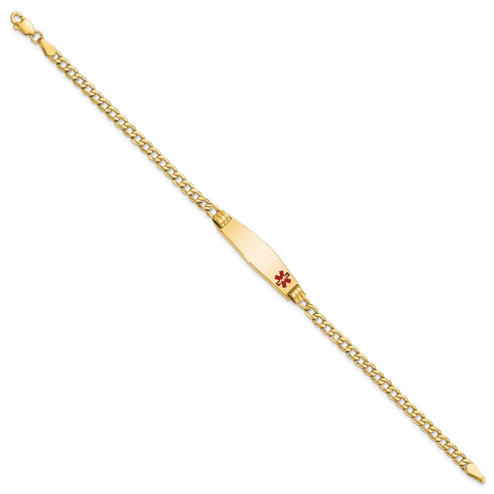 14K Yellow Gold Medical Semi Solid Chain/Solid Plate 26X7mm Soft Diamond Shape Off Center Red Enamel Cuban Link 8 Inch Id Bracelet