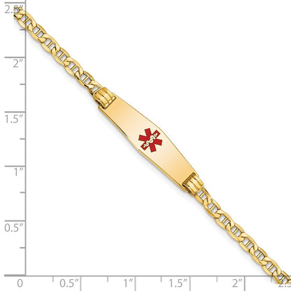 14K Yellow Gold Medical Semi Solid Chain/Solid Plate 26X7mm Soft Diamond Shape Centered Red Enamel Anchor Link 8 Inch Id Bracelet