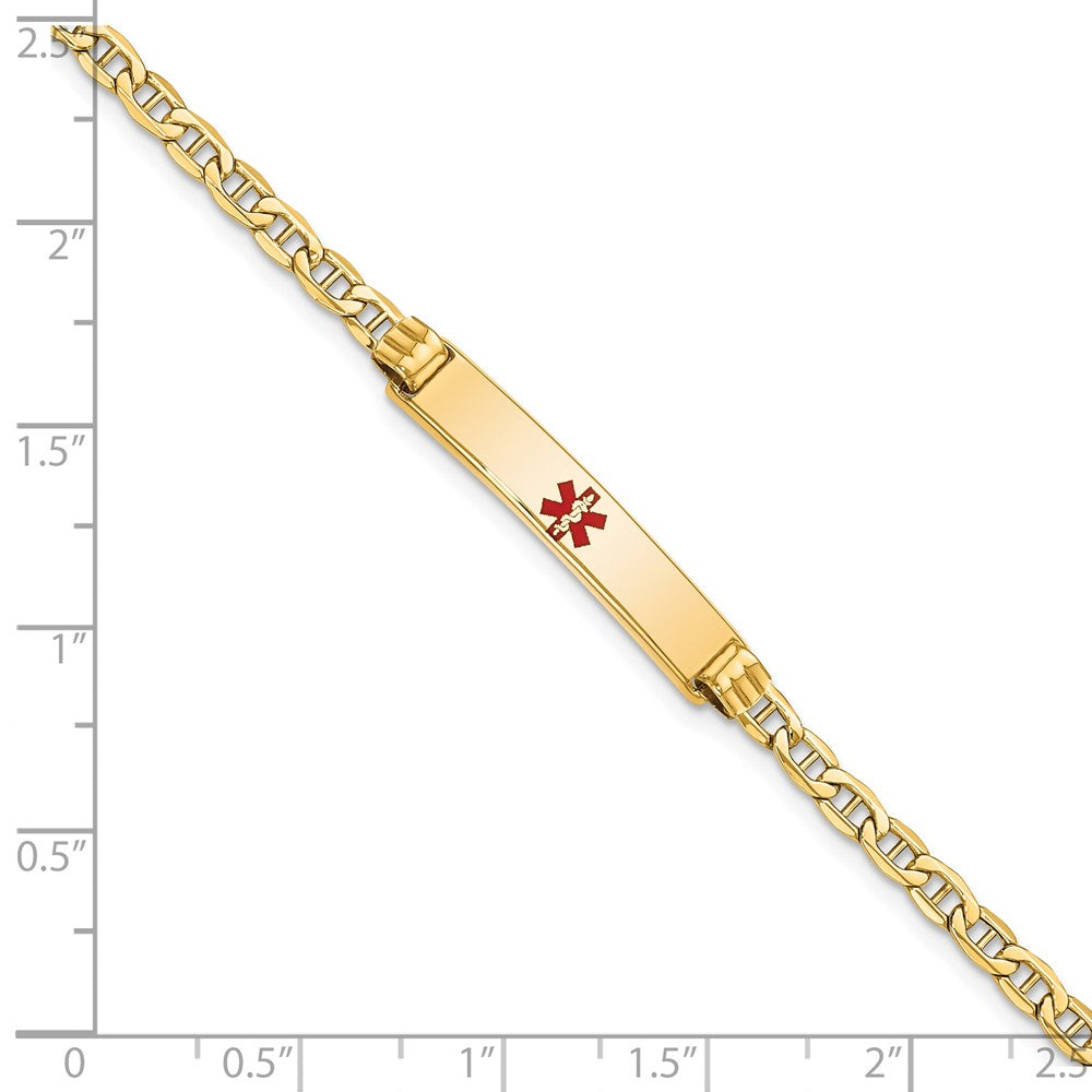 14K Yellow Gold Medical Semi Solid Chain/Solid Plate 26X5mm Centered Red Enamel Anchor Link 8 Inch Id Bracelet