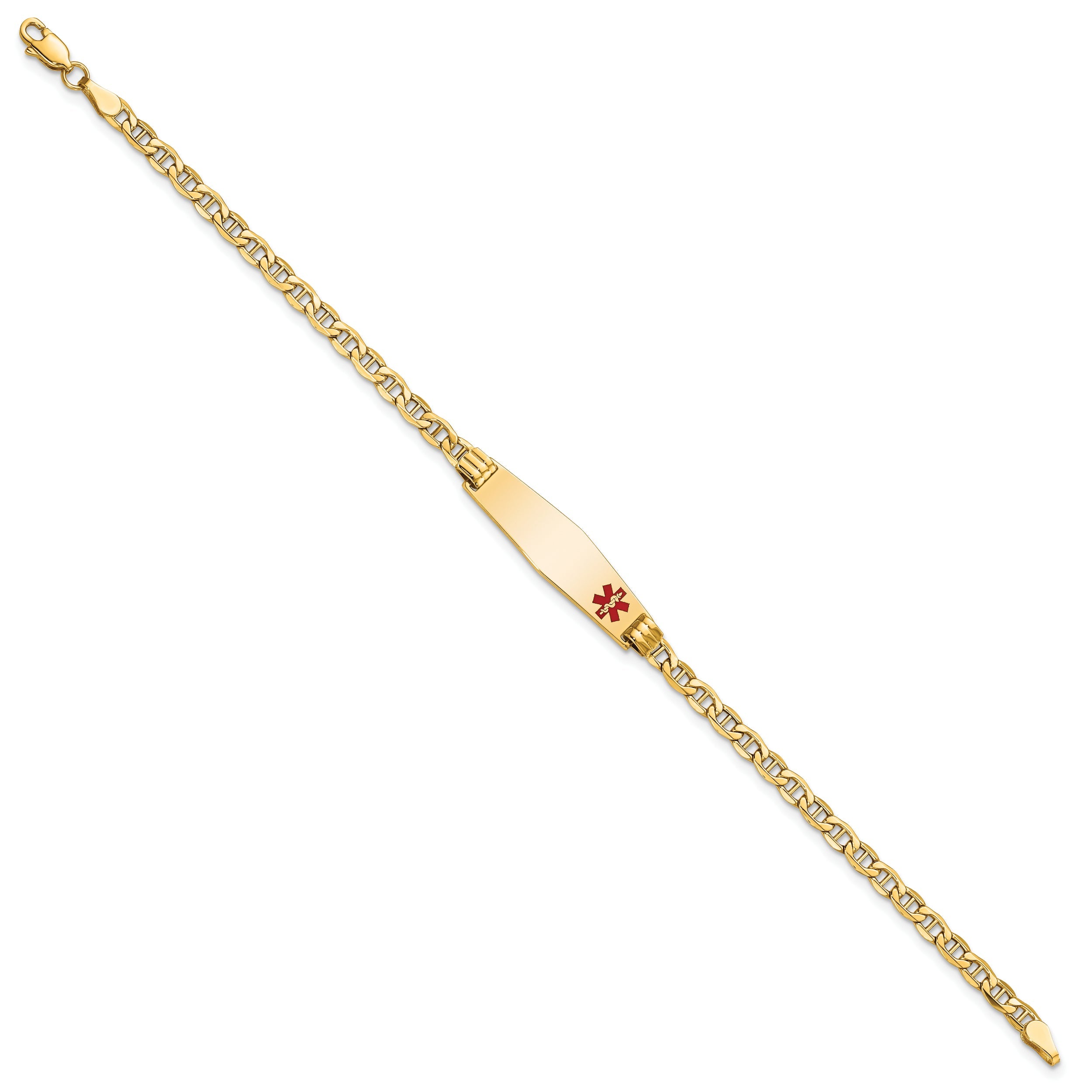 14K Yellow Gold Medical Semi Solid Chain/Solid Plate 26X7mm Soft Diamond Shape Off Center Red Enamel Anchor Link 7 Inch Id Bracelet