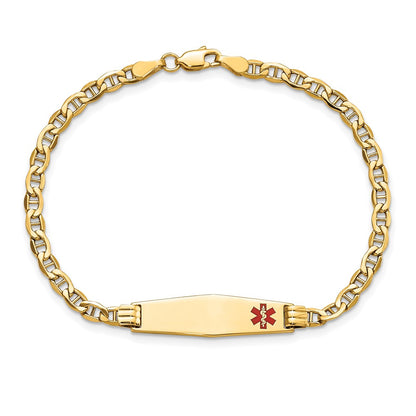 14K Yellow Gold Medical Semi Solid Chain/Solid Plate 26X7mm Soft Diamond Shape Off Center Red Enamel Anchor Link 7 Inch Id Bracelet