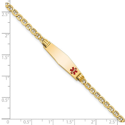 14K Yellow Gold Medical Semi Solid Chain/Solid Plate 26X7mm Soft Diamond Shape Off Center Red Enamel Anchor Link 7 Inch Id Bracelet