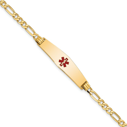 14K Yellow Gold Medical Solid Chain/Solid Plate Soft Diamond Shape 33X8mm Centered Red Enamel Flat Figaro Link 8 Inch Id Bracelet