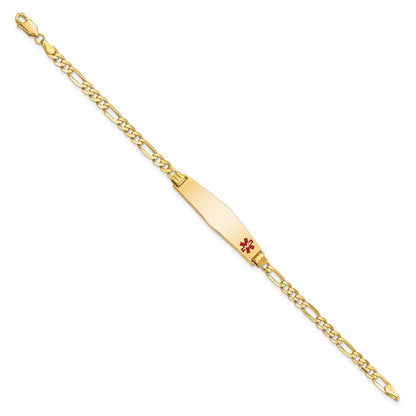 14K Yellow Gold Medical Solid Chain/Solid Plate Soft Diamond Shape 33X8mm Off Center Red Enamel Flat Figaro Link 7 Inch Id Bracelet