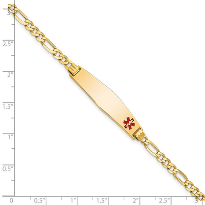 14K Yellow Gold Medical Solid Chain/Solid Plate Soft Diamond Shape 33X8mm Off Center Red Enamel Flat Figaro Link 7 Inch Id Bracelet