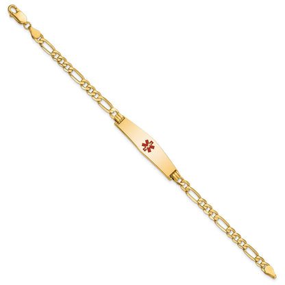 14K Yellow Gold Medical Solid Chain/Solid Plate Soft Diamond Shape 33X8mm Centered Red Enamel Flat Figaro Link 8 Inch Id Bracelet