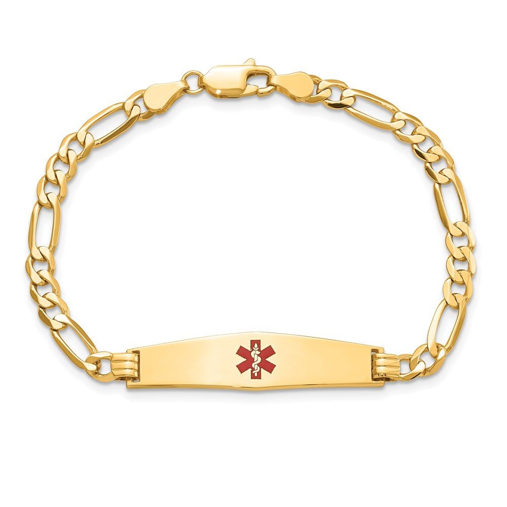 14K Yellow Gold Medical Solid Chain/Solid Plate Soft Diamond Shape 33X8mm Centered Red Enamel Flat Figaro Link 8 Inch Id Bracelet