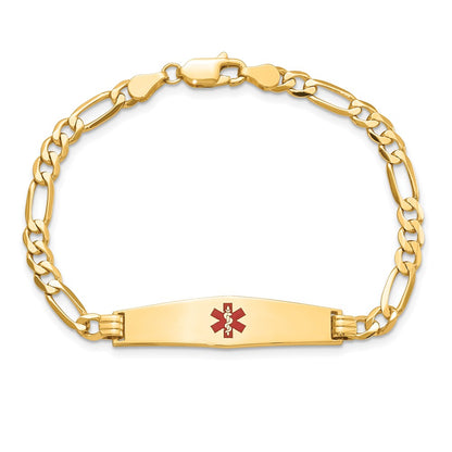 14K Yellow Gold Medical Solid Chain/Solid Plate Soft Diamond Shape 33X8mm Centered Red Enamel Flat Figaro Link 8 Inch Id Bracelet