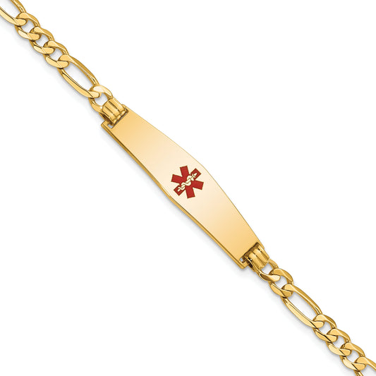 14K Yellow Gold Medical Solid Chain/Solid Plate Soft Diamond Shape 33X8mm Centered Red Enamel Flat Figaro Link 8 Inch Id Bracelet