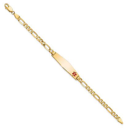 14K Yellow Gold Medical Solid Chain/Solid Plate Soft Diamond Shape 33X8mm Off Center Red Enamel Flat Figaro Link 8 Inch Id Bracelet