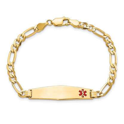 14K Yellow Gold Medical Solid Chain/Solid Plate Soft Diamond Shape 33X8mm Off Center Red Enamel Flat Figaro Link 8 Inch Id Bracelet