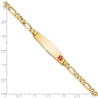 14K Yellow Gold Medical Solid Chain/Solid Plate Soft Diamond Shape 33X8mm Off Center Red Enamel Flat Figaro Link 8 Inch Id Bracelet