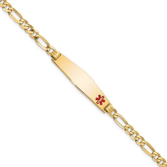 14K Yellow Gold Medical Solid Chain/Solid Plate Soft Diamond Shape 33X8mm Off Center Red Enamel Flat Figaro Link 8 Inch Id Bracelet