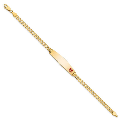 14K Yellow Gold Medical Solid Chain/Solid Plate Soft Diamond Shape 33X8mm Off Center Red Enamel Flat Curb Link 8 Inch Id Bracelet