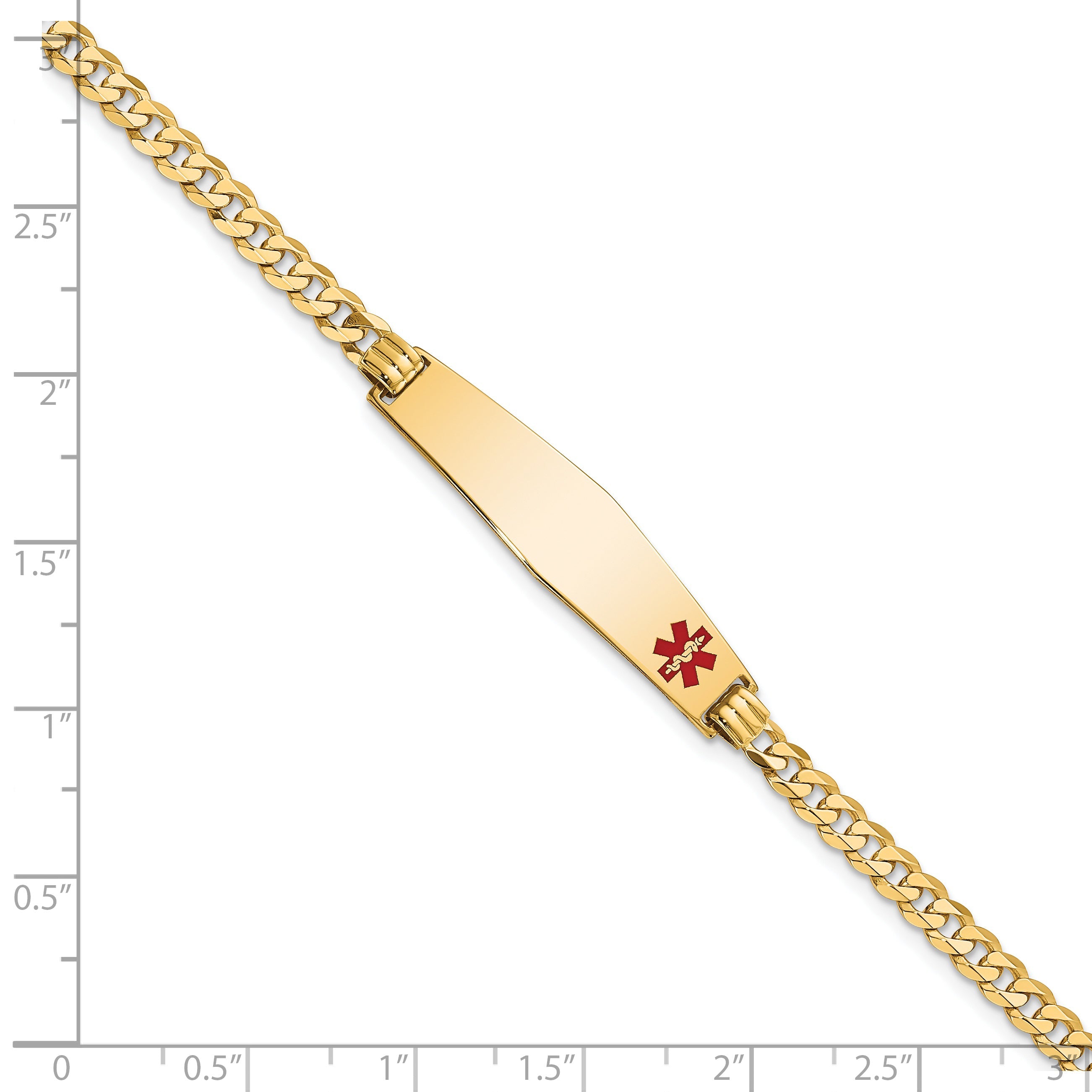 14K Yellow Gold Medical Solid Chain/Solid Plate Soft Diamond Shape 33X8mm Off Center Red Enamel Flat Curb Link 8 Inch Id Bracelet