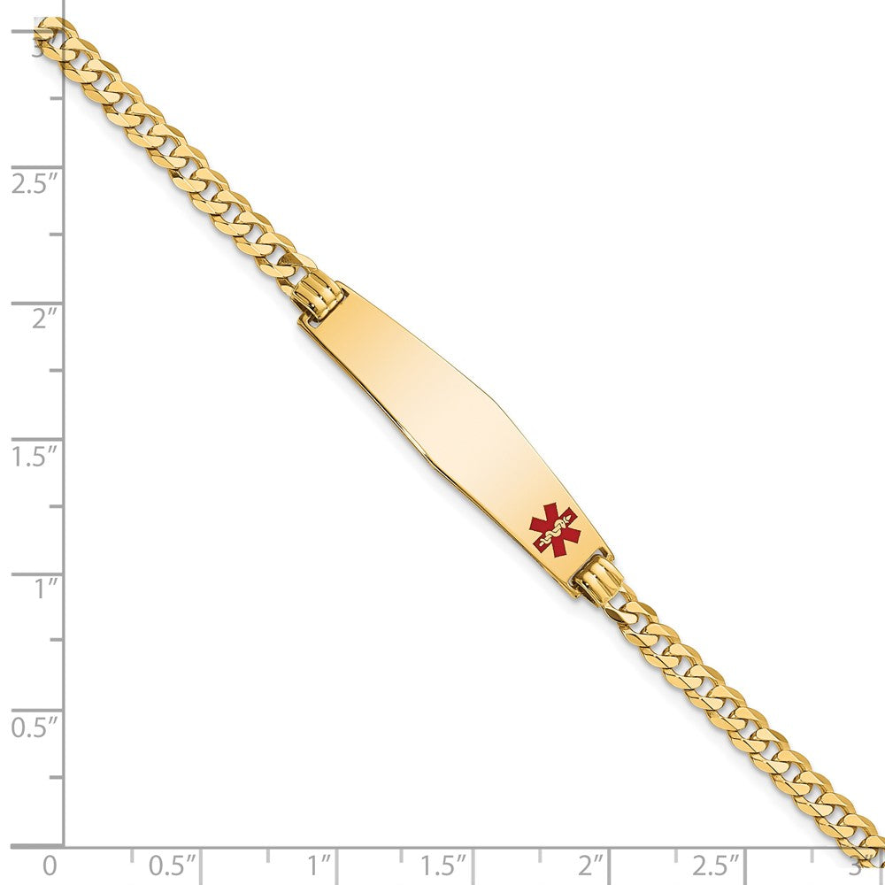 14K Yellow Gold Medical Solid Chain/Solid Plate Soft Diamond Shape 33X8mm Off Center Red Enamel Flat Curb Link 8 Inch Id Bracelet