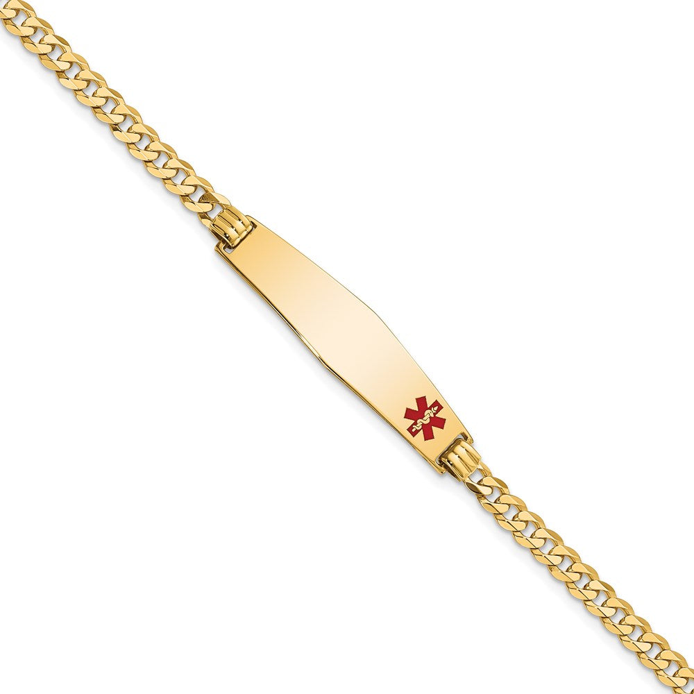 14K Yellow Gold Medical Solid Chain/Solid Plate Soft Diamond Shape 33X8mm Off Center Red Enamel Flat Curb Link 8 Inch Id Bracelet