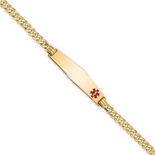 14K Yellow Gold Medical Solid Chain/Solid Plate Soft Diamond Shape 33X8mm Off Center Red Enamel Flat Curb Link 8 Inch Id Bracelet