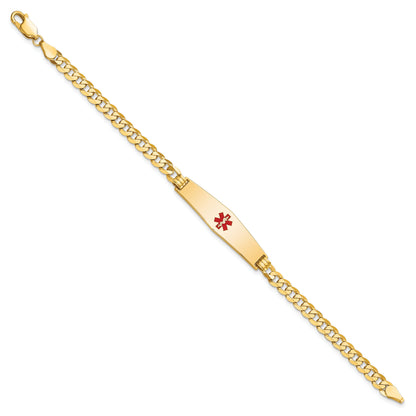 14K Yellow Gold Medical Solid Chain/Solid Plate Soft Diamond Shape 33X8mm Centered Red Enamel Flat Curb Link 8 Inch Id Bracelet