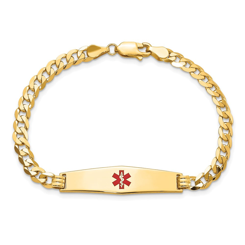 14K Yellow Gold Medical Solid Chain/Solid Plate Soft Diamond Shape 33X8mm Centered Red Enamel Flat Curb Link 7 Inch Id Bracelet