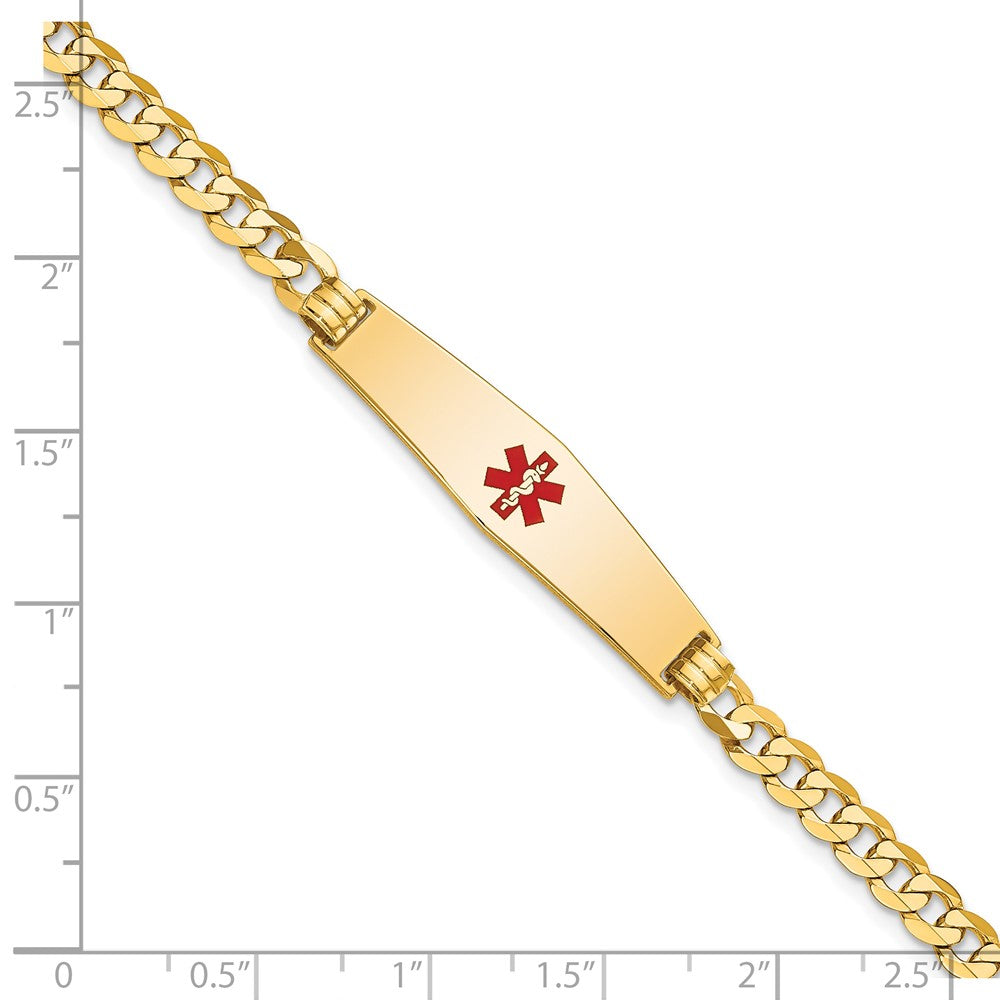 14K Yellow Gold Medical Solid Chain/Solid Plate Soft Diamond Shape 33X8mm Centered Red Enamel Flat Curb Link 7 Inch Id Bracelet