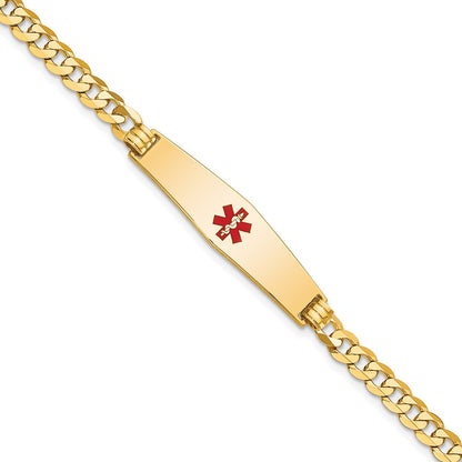 14K Yellow Gold Medical Solid Chain/Solid Plate Soft Diamond Shape 33X8mm Centered Red Enamel Flat Curb Link 7 Inch Id Bracelet