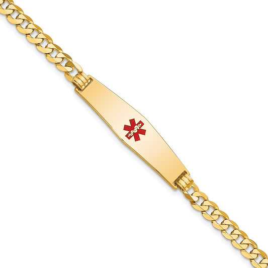 14K Yellow Gold Medical Solid Chain/Solid Plate Soft Diamond Shape 33X8mm Centered Red Enamel Flat Curb Link 7 Inch Id Bracelet