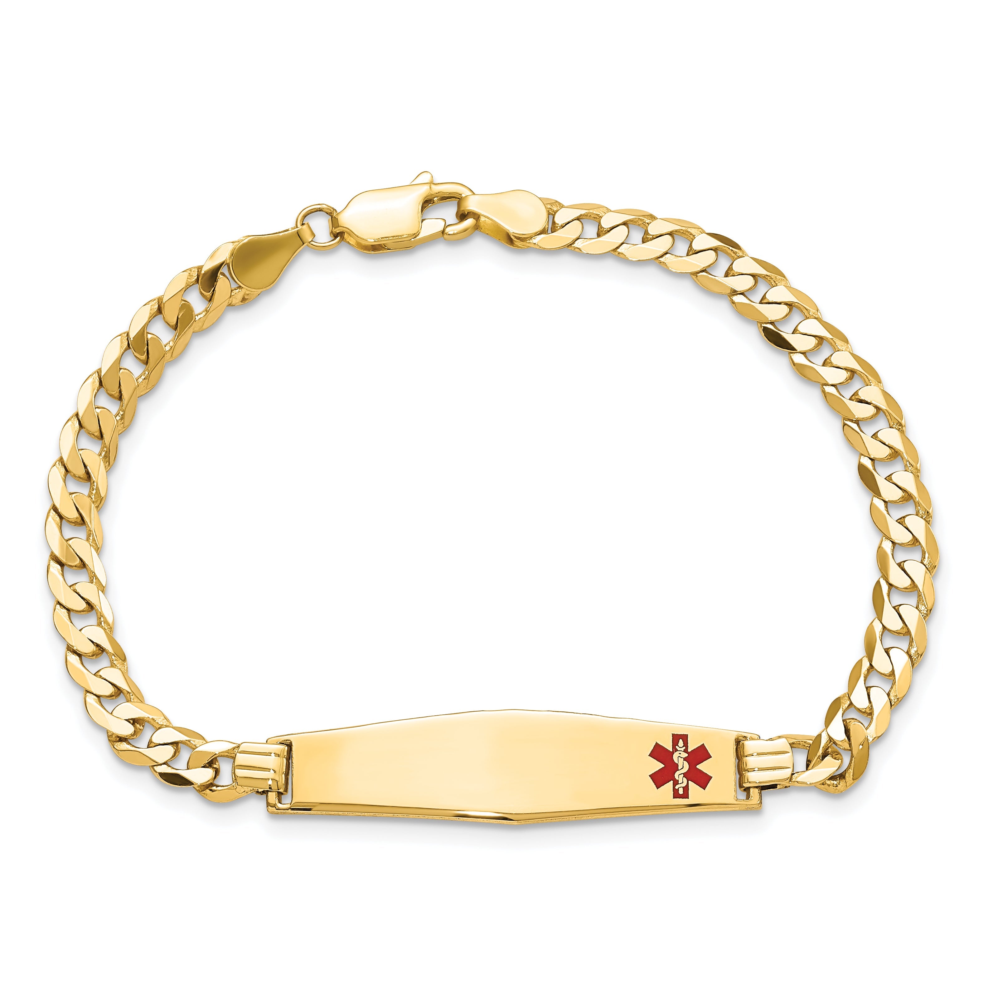 14K Yellow Gold Medical Solid Chain/Solid Plate Soft Diamond Shape 33X8mm Off Center Red Enamel Flat Curb Link 8 Inch Id Bracelet