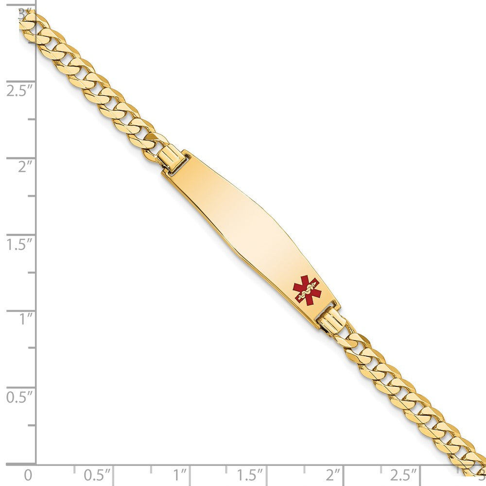 14K Yellow Gold Medical Solid Chain/Solid Plate Soft Diamond Shape 33X8mm Off Center Red Enamel Flat Curb Link 7 Inch Id Bracelet